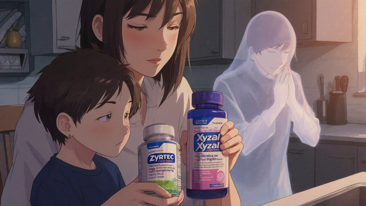 A parent choosing Xyzal over Zyrtec at dawn, with drowsiness fading away in the background.