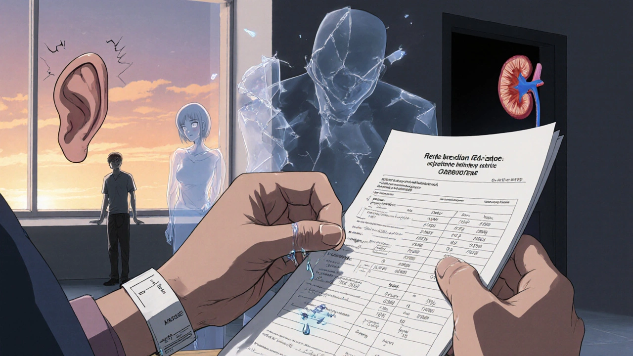 A patient&#039;s hand holding a lab report with rising creatinine levels, surrounded by ghostly images of hearing and kidney damage.