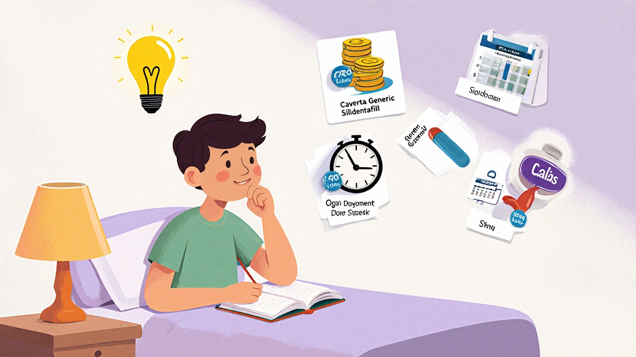 Adult at a bedside table considers price, speed, and duration icons of ED pills.