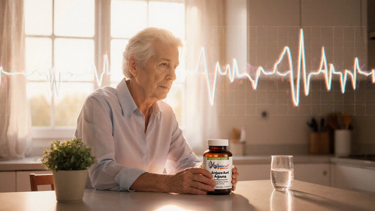 Adult holding Arjuna capsules with a subtle heart‑monitor overlay in a calm kitchen.