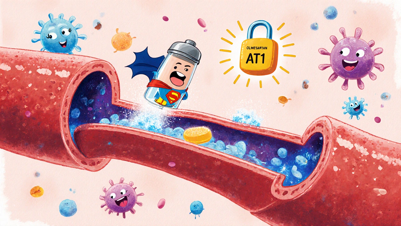 Animated bloodstream showing a salty snack narrowing vessels and an Olmesartan pill blocking receptors.