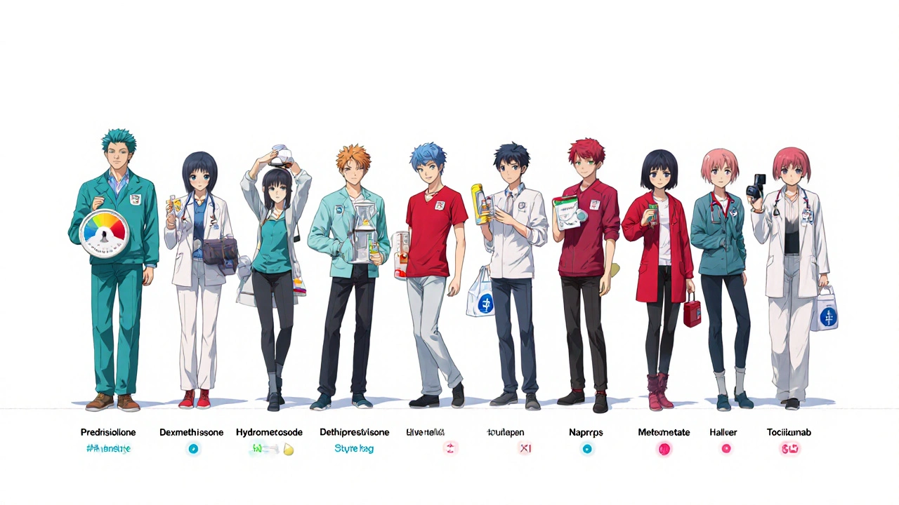 Anime characters personifying various steroids and NSAIDs standing together with icons for potency and use.