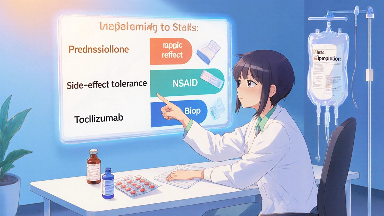 Anime doctor and patient discussing medication options with pill bottles and an infusion bag on the table.