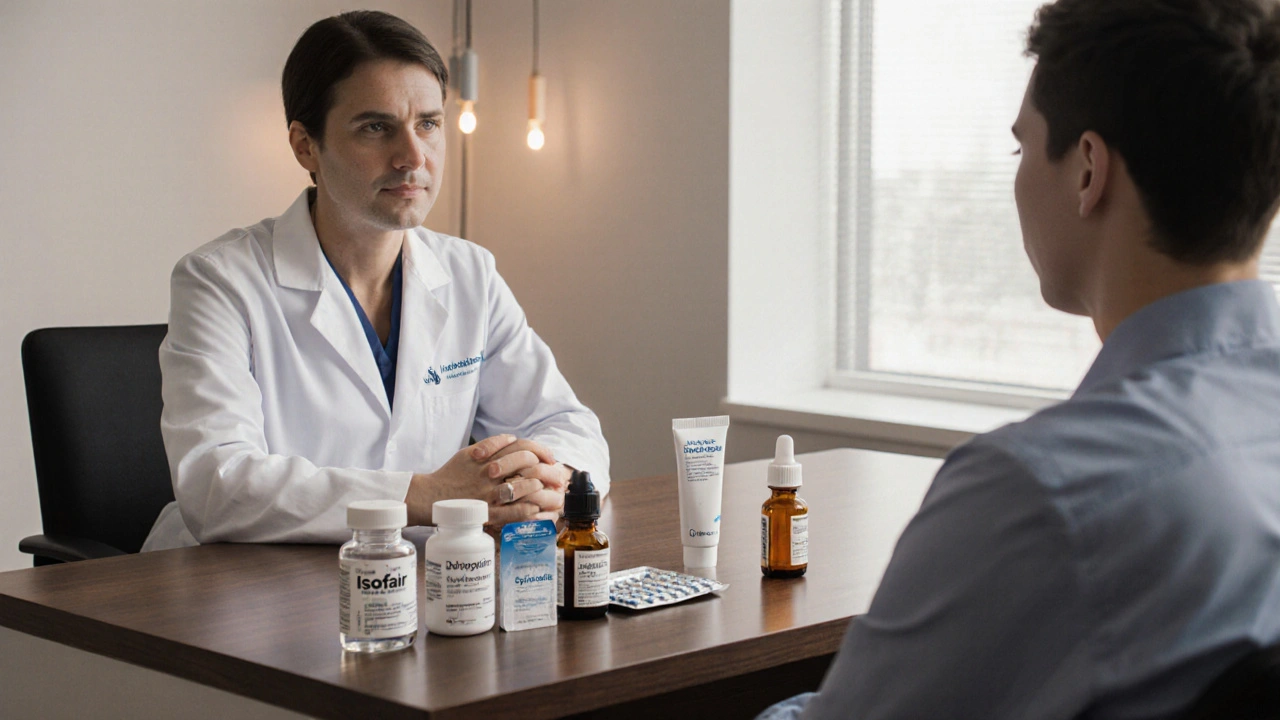 Dermatologist consulting patient with assorted acne medication bottles on desk.
