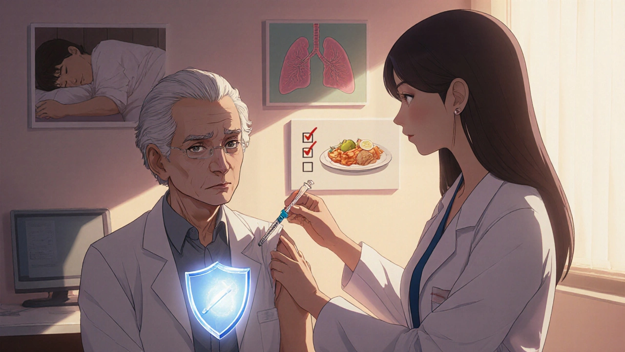 Elder receiving vaccine from nurse with glowing shield and health icons.