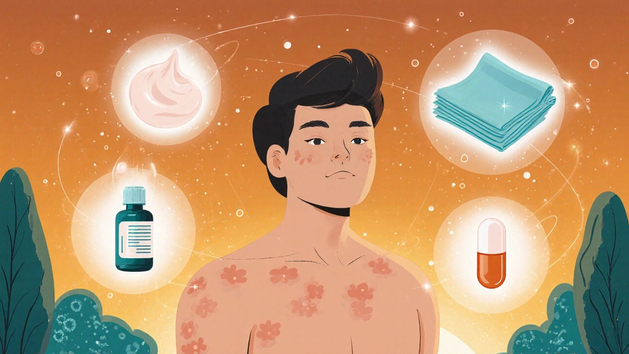 Figure with clear skin surrounded by floating icons of moisturizer, steroid, antihistamine, and cool compress.