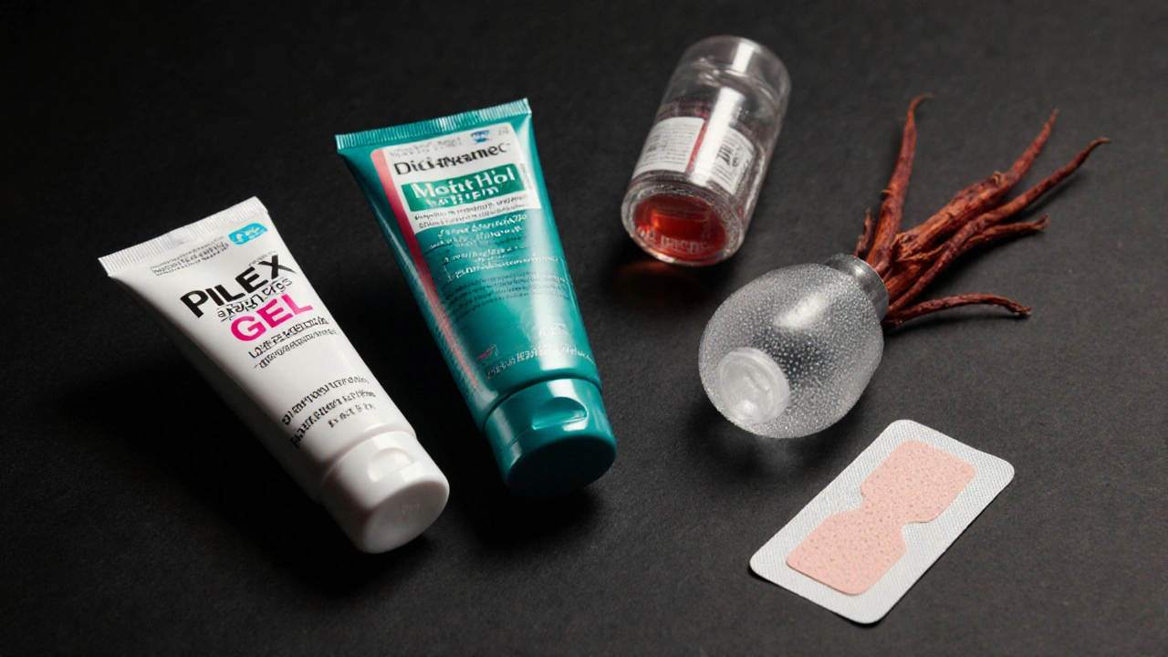 Flat‑lay of five different topical pain‑relief products on a dark surface.