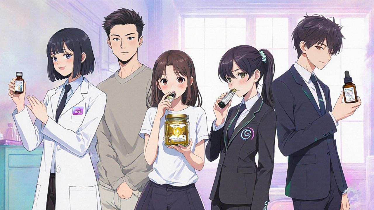 Group of characters each holding a different eyelash treatment product.