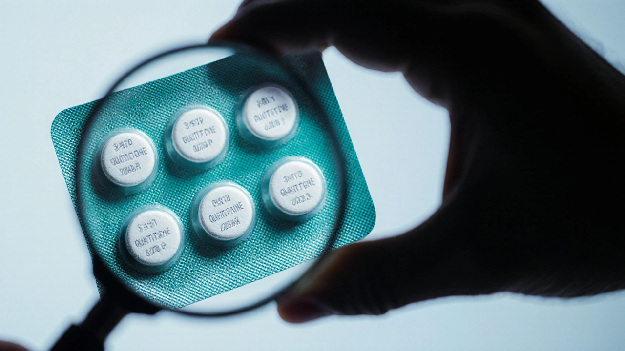 Hand holding a magnifying glass over a blister pack of quetiapine pills, showing imprint and seal.