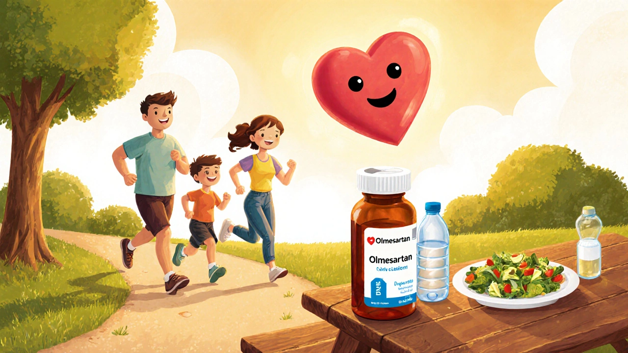 Happy family jogging and eating low‑salt food with a glowing heart and pill bottle nearby.