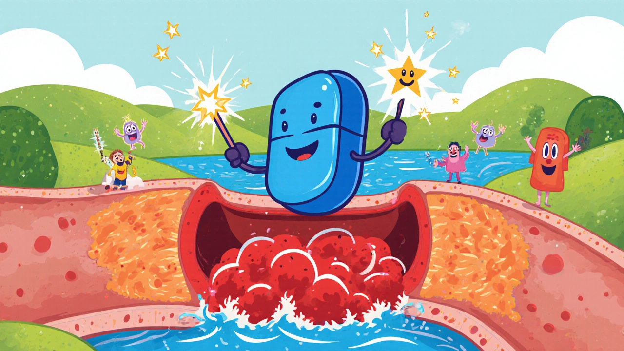 Heroic blue pill opens a cartoon artery, letting red blood clouds flow through.