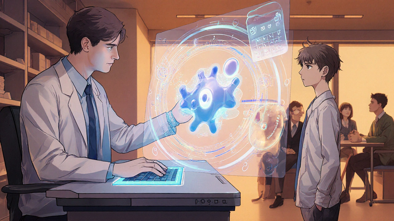 High‑tech clinic shows pharmacist using AI platform to optimize tacrolimus dosing for a patient.
