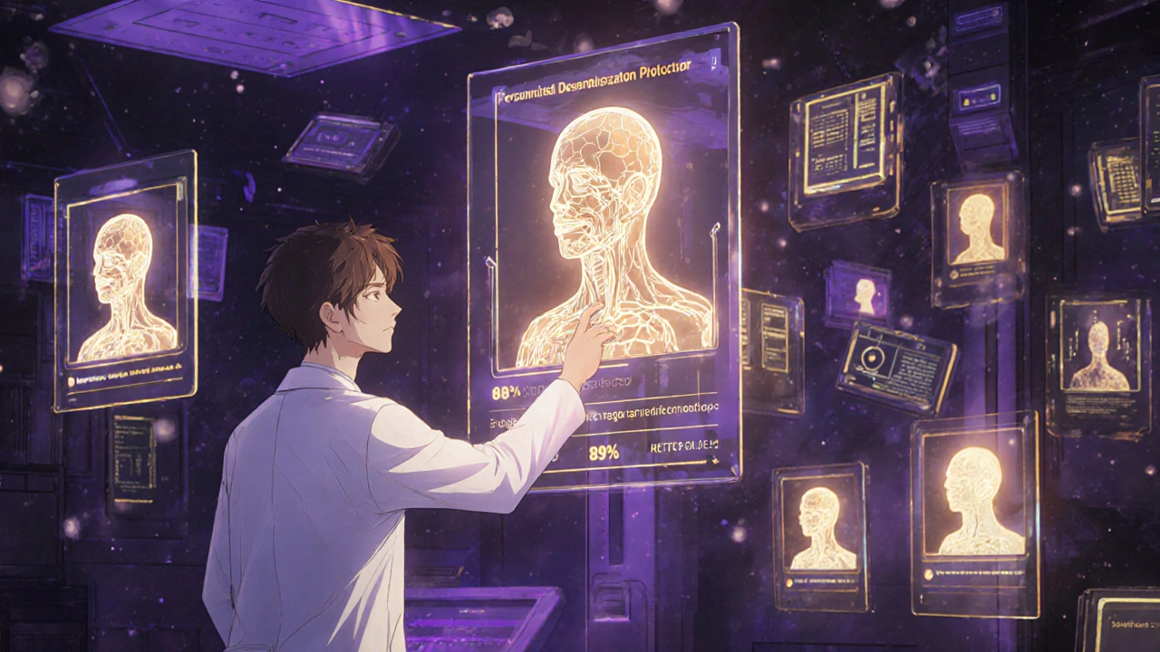 Holographic patient profiles with immune biomarkers in a futuristic clinic, allergist preparing a personalized desensitization protocol.
