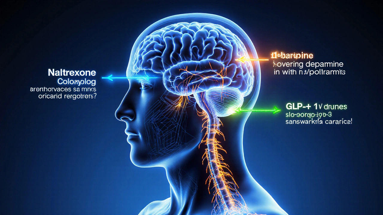 Illustrated brain showing reward and appetite pathways with colored arrows for drug actions.
