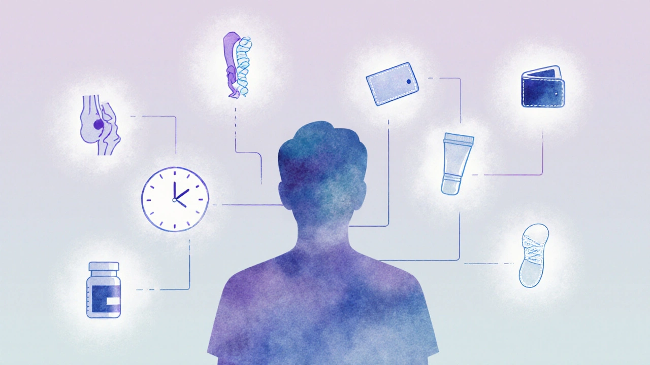 Illustration of a person choosing a pain‑relief gel with floating icons.