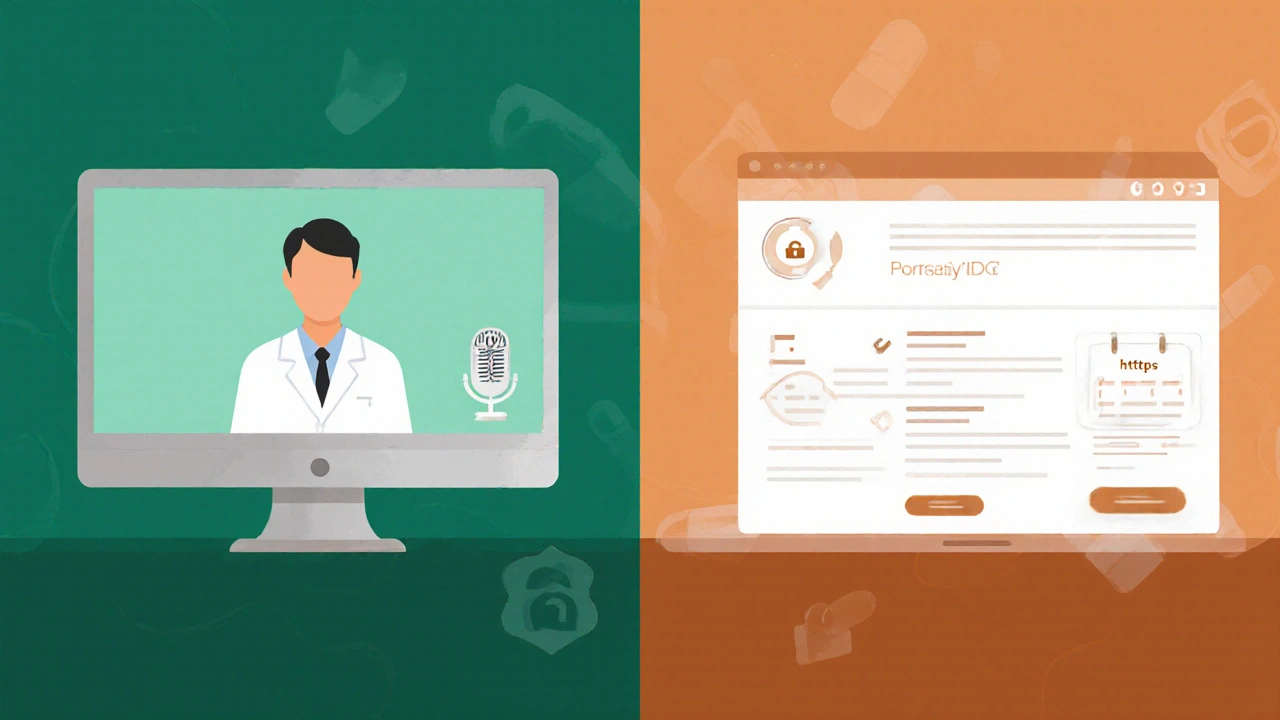 Illustration showing a telehealth video call beside a secure pharmacy website page.