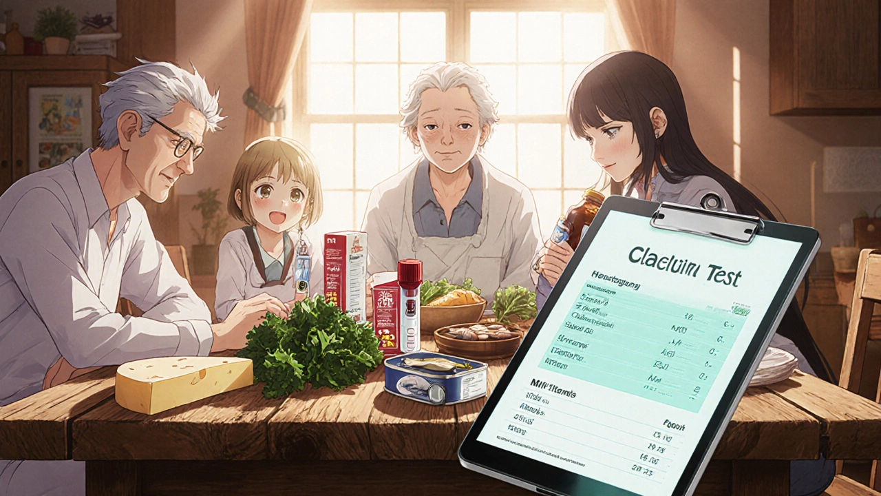 Kitchen table with calcium‑rich foods and a glowing blood test vial beside a clipboard.
