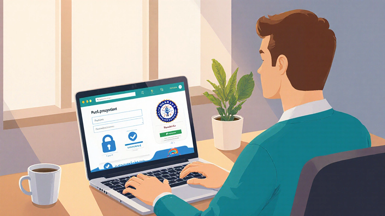 Laptop screen displaying a secure online pharmacy page with prescription upload and license badge.