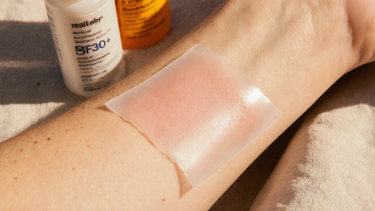 Macro view of healed forearm skin with silicone sheet, moisturizer, and sunscreen.