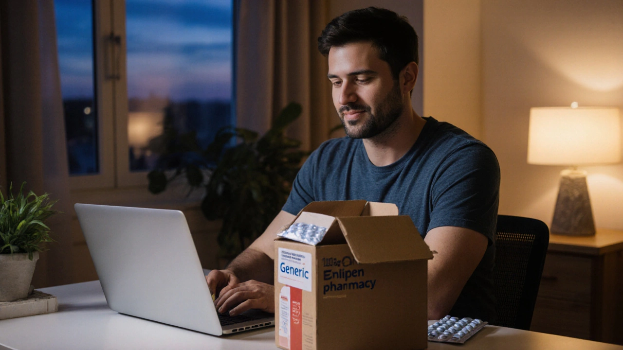 Man at home receiving a pharmacy delivery box with medication inside.