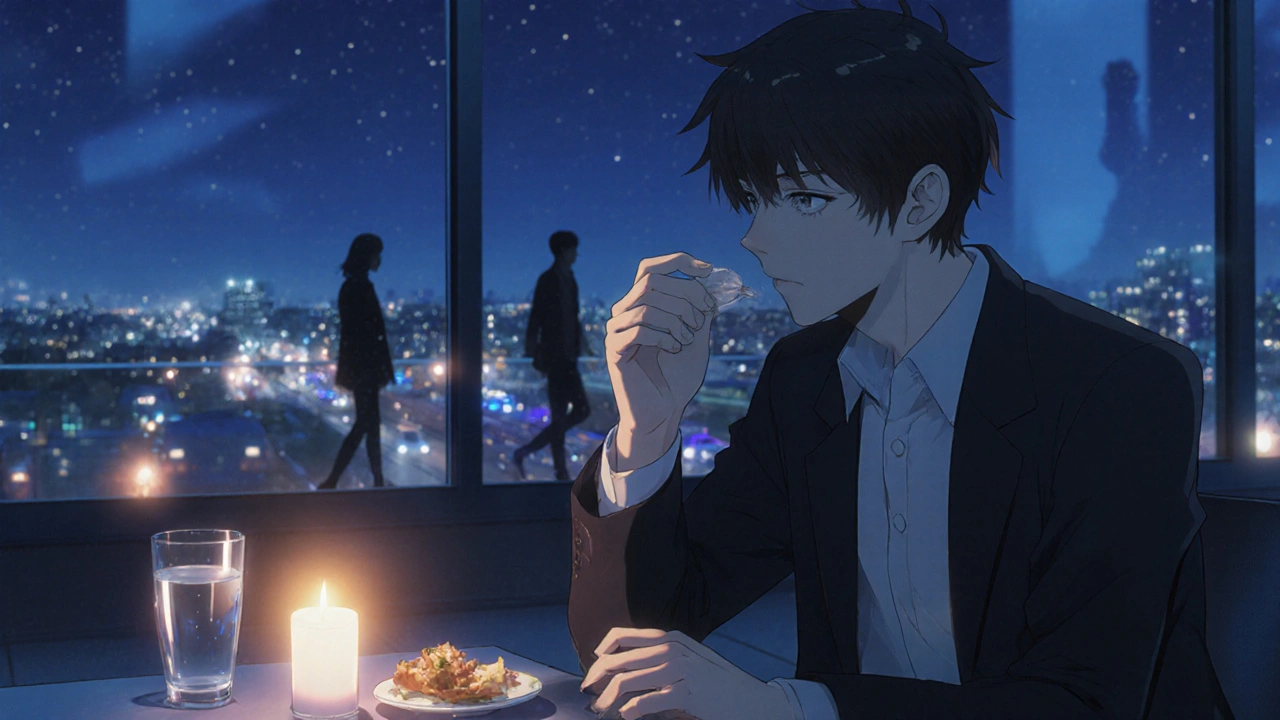 Man on rooftop at night, about to take a Snovitra tablet with water and a snack.