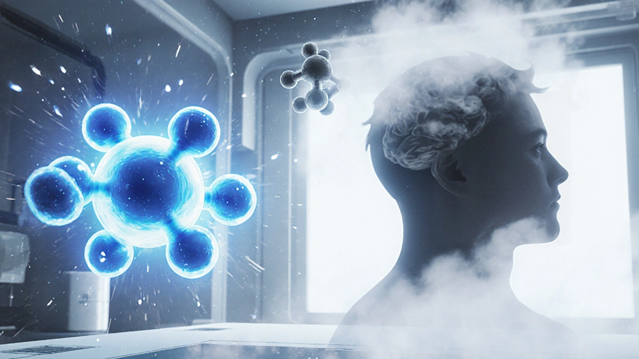 Molecular structures of allergy meds: one active, one causing brain fog, in a glowing lab environment.