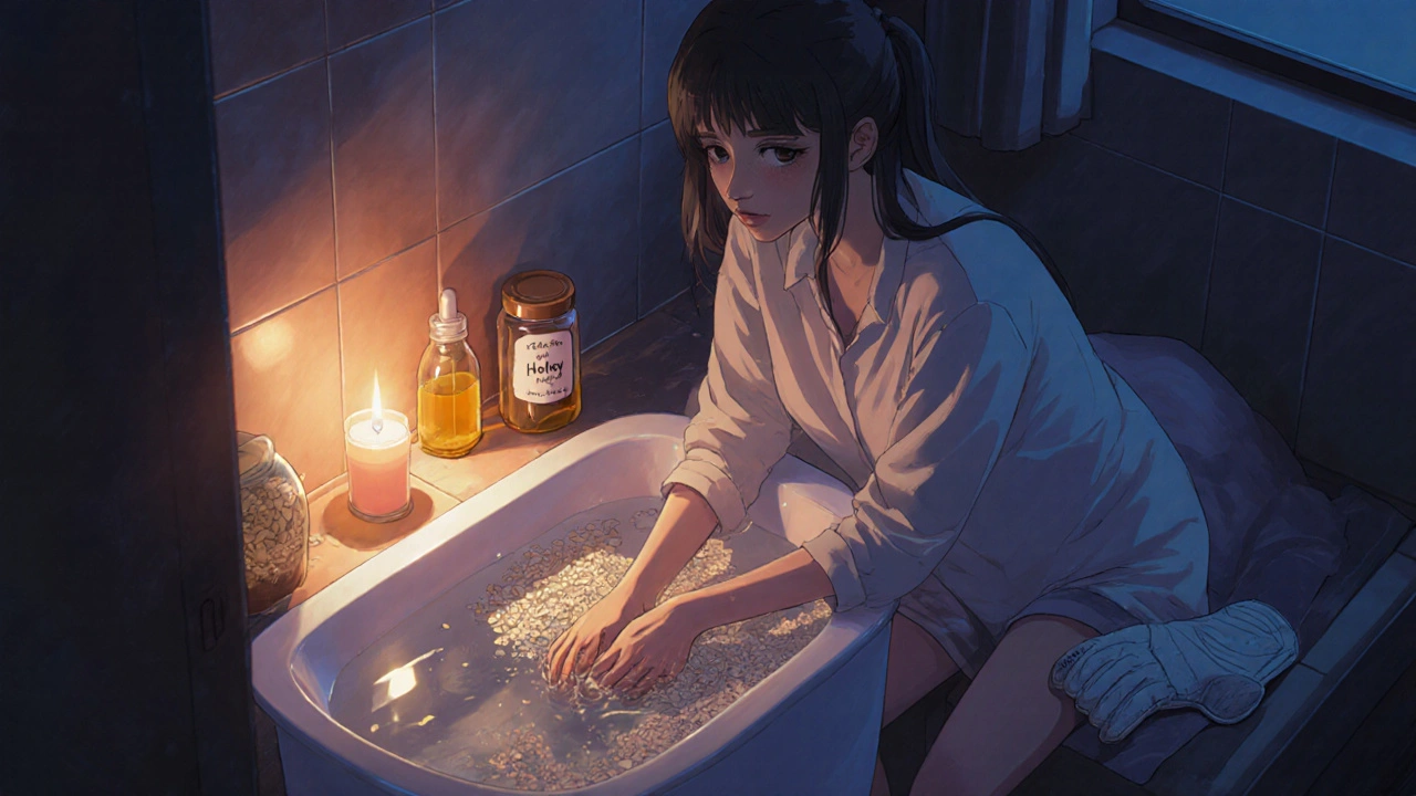 Nighttime scene of a woman using oatmeal bath, honey, and coconut oil for skin care.