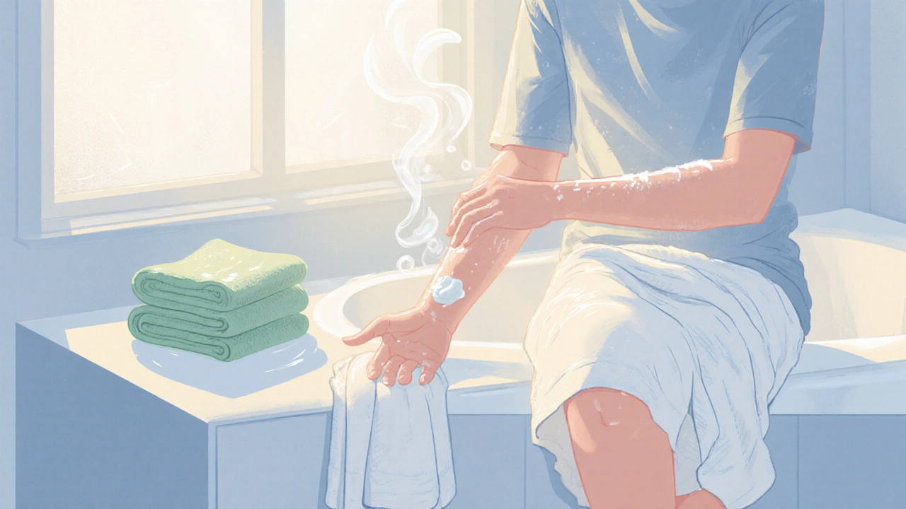 Person applying cream and using wet wrap therapy in a pastel bathroom.
