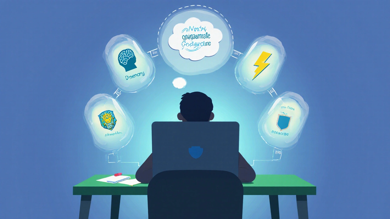 Person at desk with thought bubble showing brain, stress cloud, energy bolt, and orbiting supplement capsules.