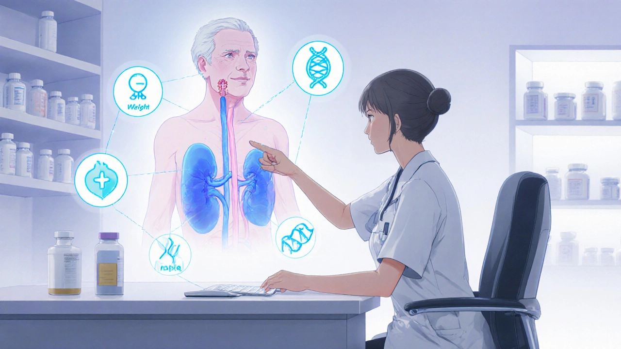 Pharmacist explains personalized dosing to an elderly patient using 3D body and lab icons.
