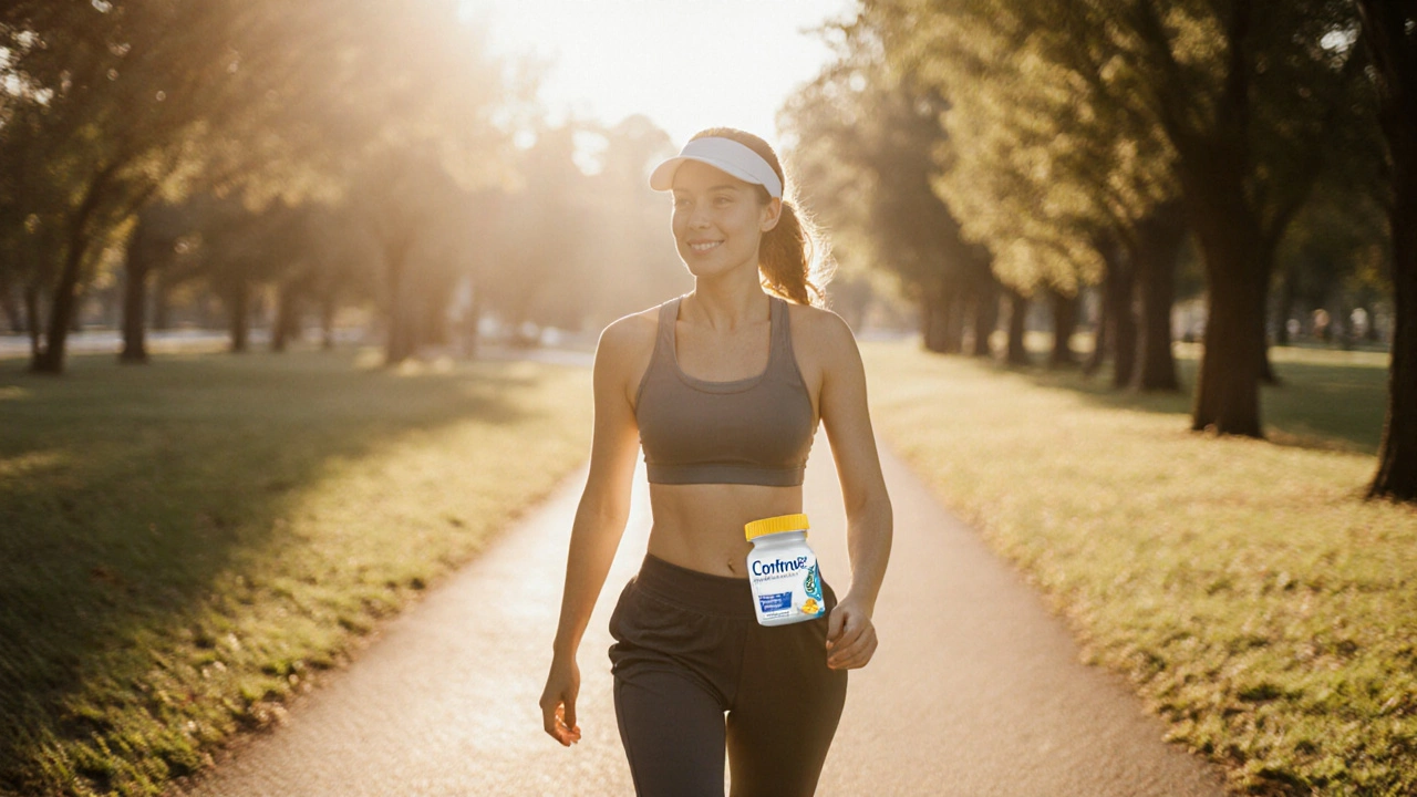 Smiling person walking outdoors, silhouetted with a subtle slimmer outline, holding a pill bottle.
