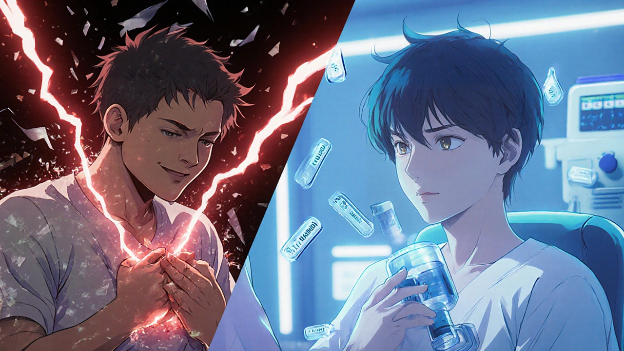 Split scene: past allergic reaction vs. current controlled desensitization, showing transformation from chaos to calm medical care.