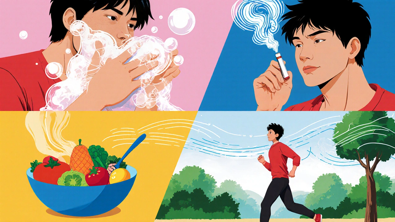 Split scene showing hand washing, refusing cigarettes, healthy meals, and jogging.