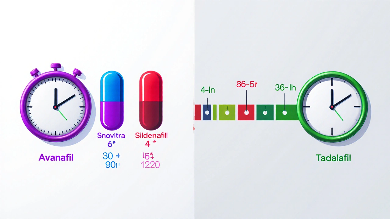 Split‑screen comparison of onset clocks and duration bars for four ED medications.