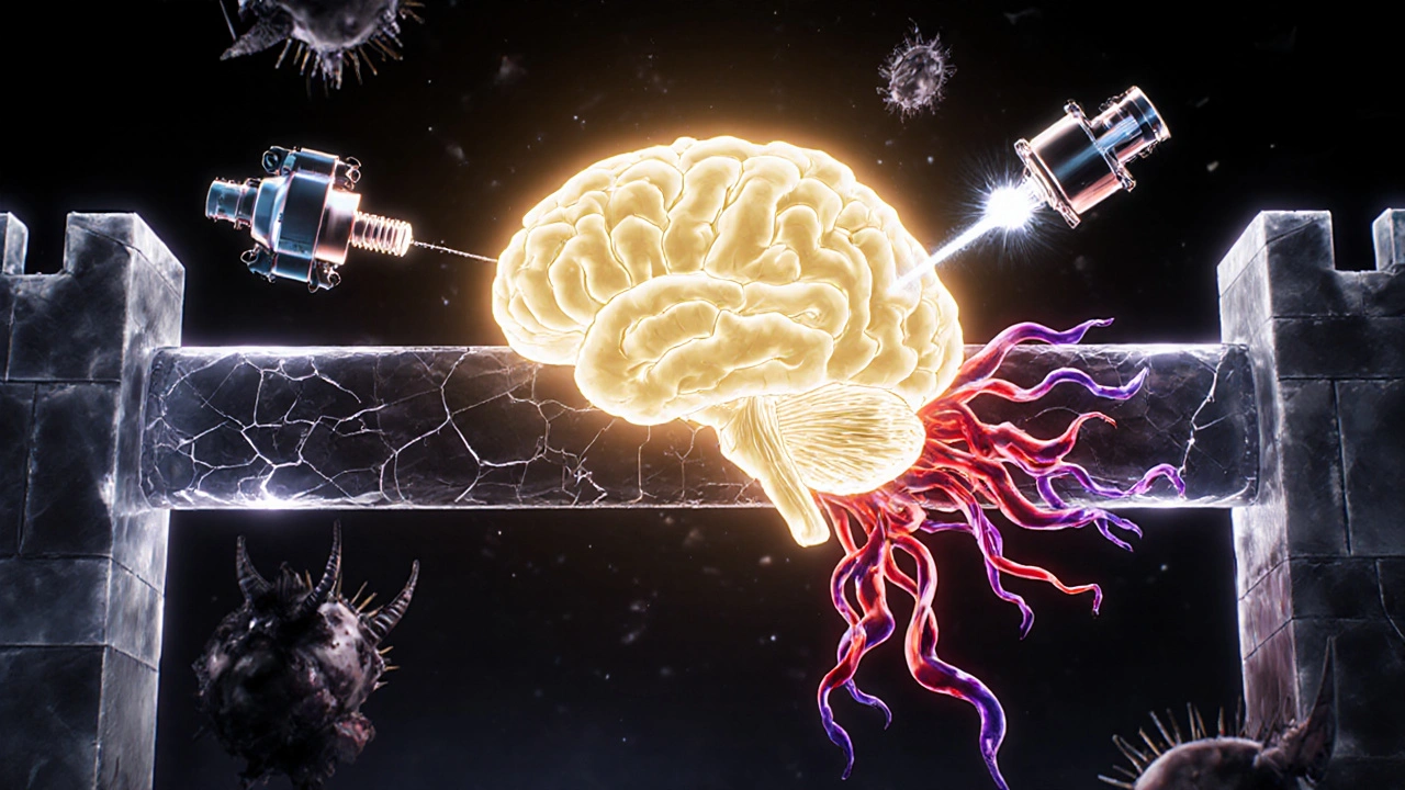 The blood-brain barrier as a glowing fortress under attack by bacteria, with tobramycin warriors entering through three medical delivery methods.