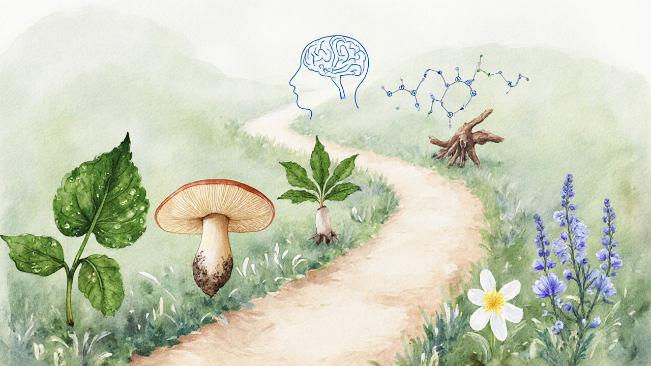 Watercolor garden path with plants representing different nootropic herbs.