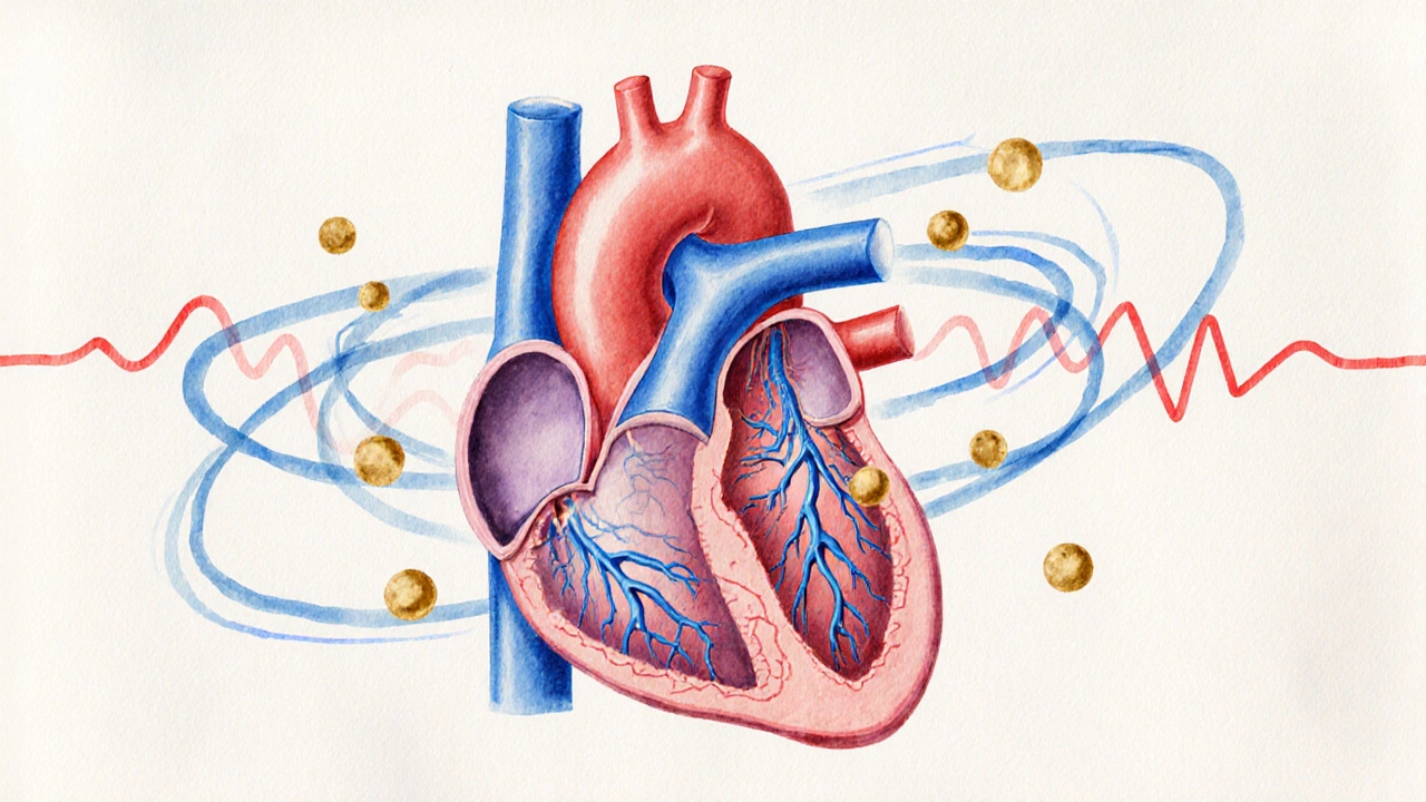 Watercolor heart showing widened vessels, glowing antioxidants, and a gentle pulse.