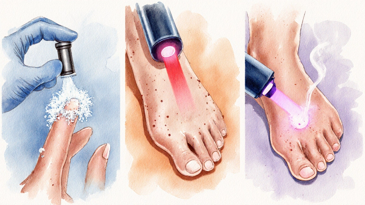 Watercolor panels showing liquid nitrogen, electrosurgery, and laser wart removal.
