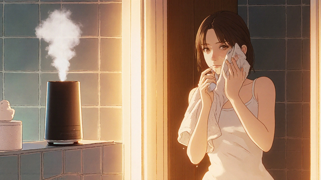 Woman applying moisturizer after shower beside a glowing humidifier.