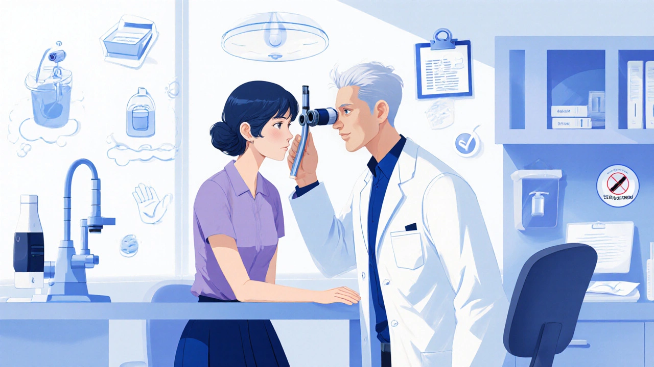 Woman consulting an eye doctor with visual cues for safe eyelash product use.