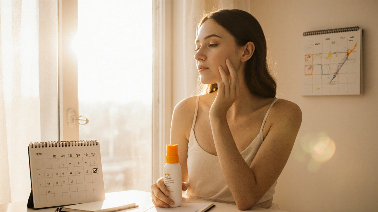 Woman with clear skin holds moisturizer and sunscreen, sunlight streaming, calm atmosphere.