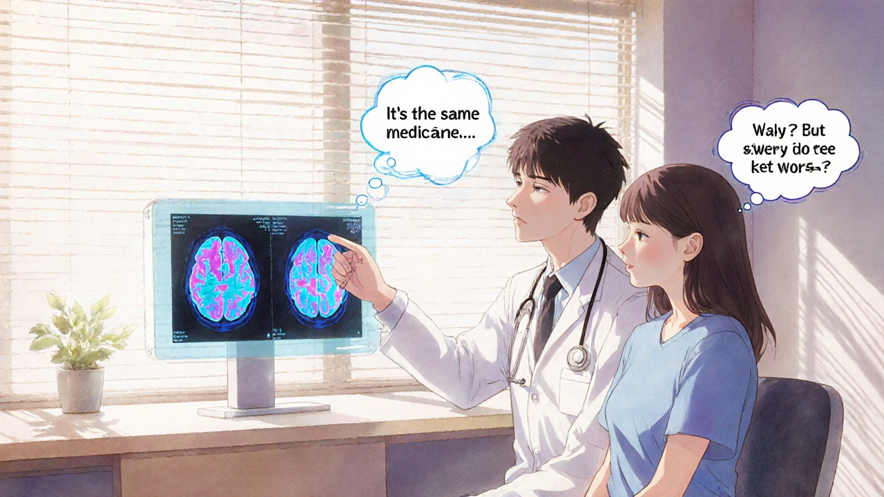 A doctor and patient view an fMRI scan showing identical brain responses to brand and generic medications.