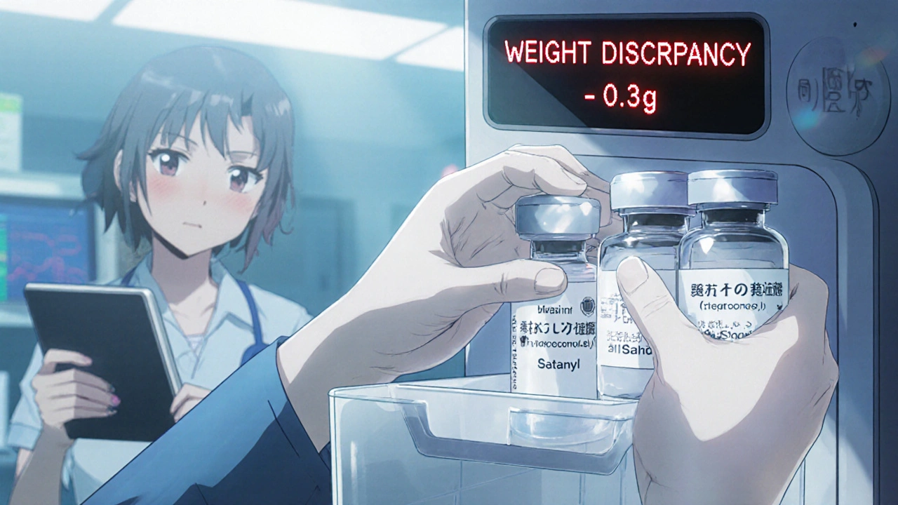 A nurse replaces a fentanyl vial with saline in a smart bin, while a digital alert flashes a weight discrepancy.