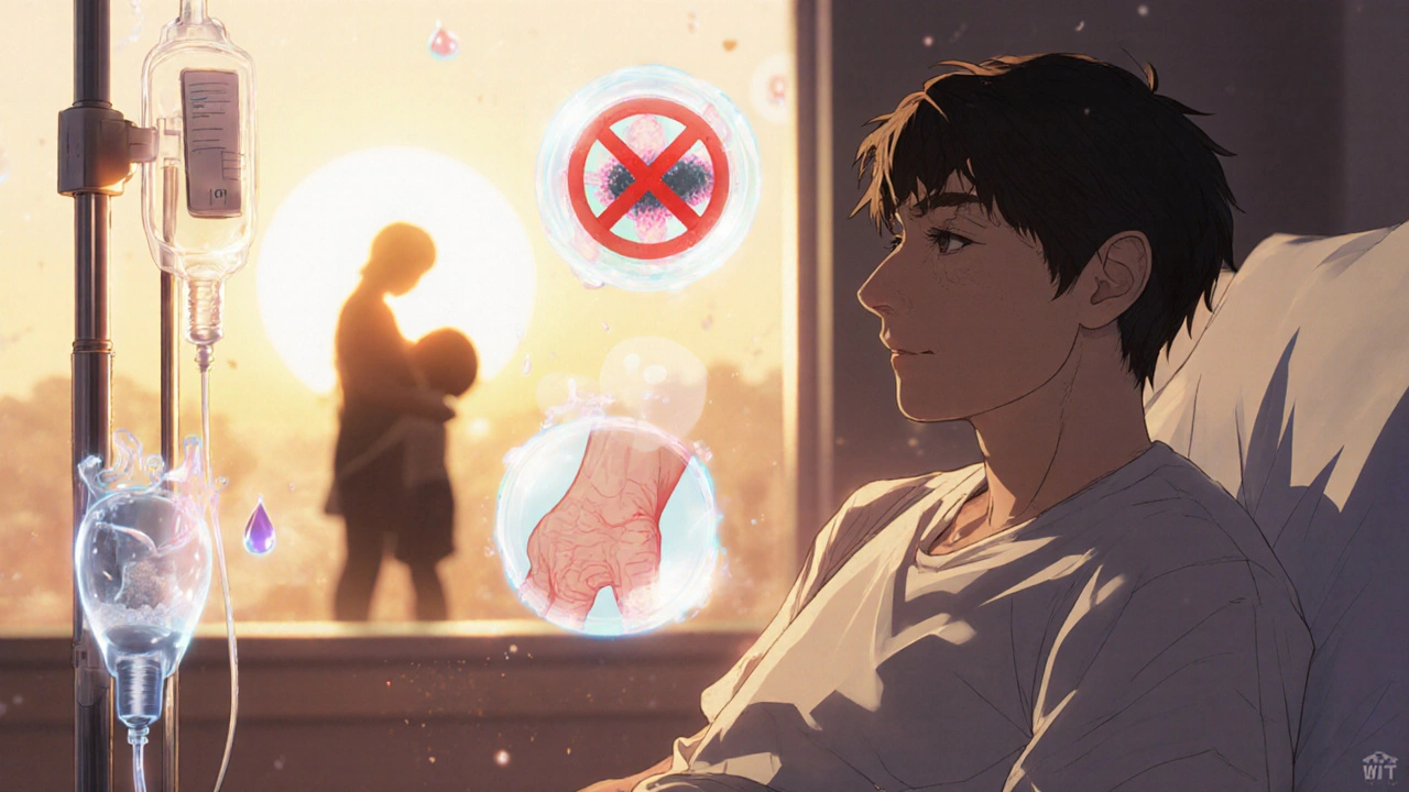 A patient receiving IV infusion with symbolic icons of healing, infection prevention, and family support.