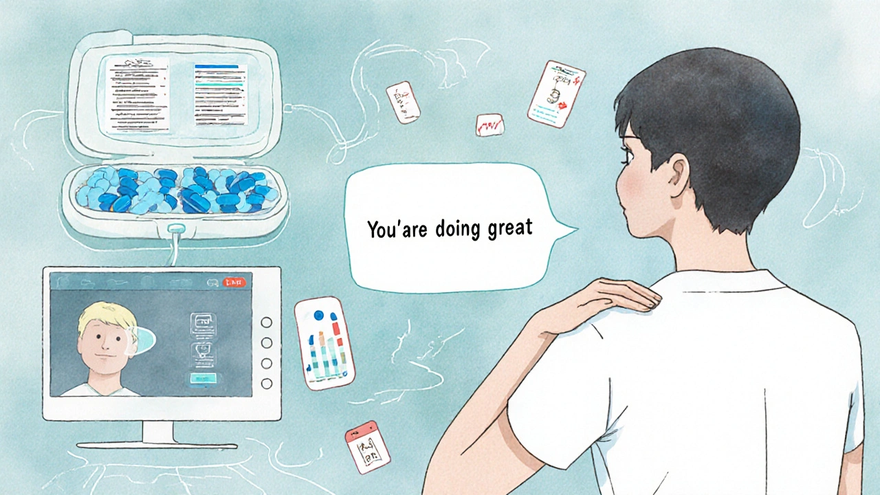 A patient receiving supportive care as their medication data flows to a doctor&#039;s digital screen.