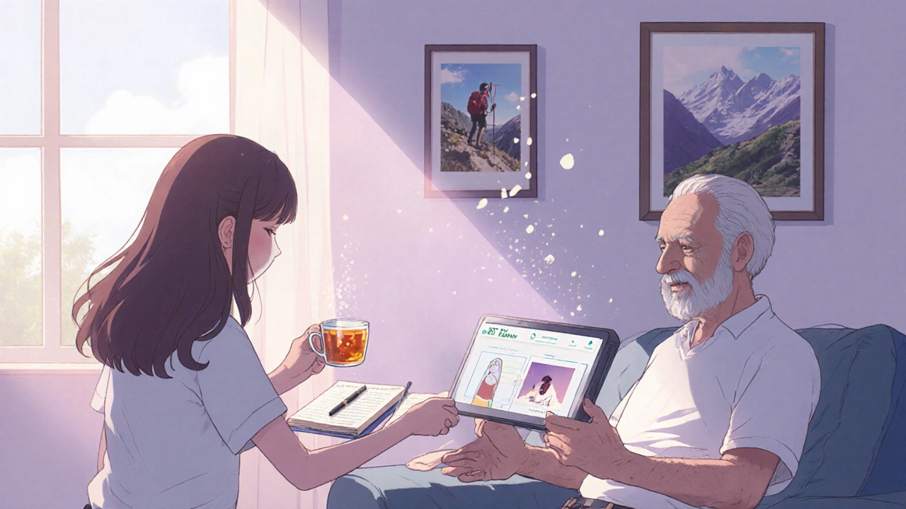 A senior man receiving CBT-I therapy on a tablet with his granddaughter offering tea, sunlight filling the room.