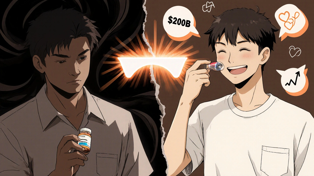 A split scene shows a patient rejecting or accepting a generic pill, symbolizing the power of belief in treatment outcomes.