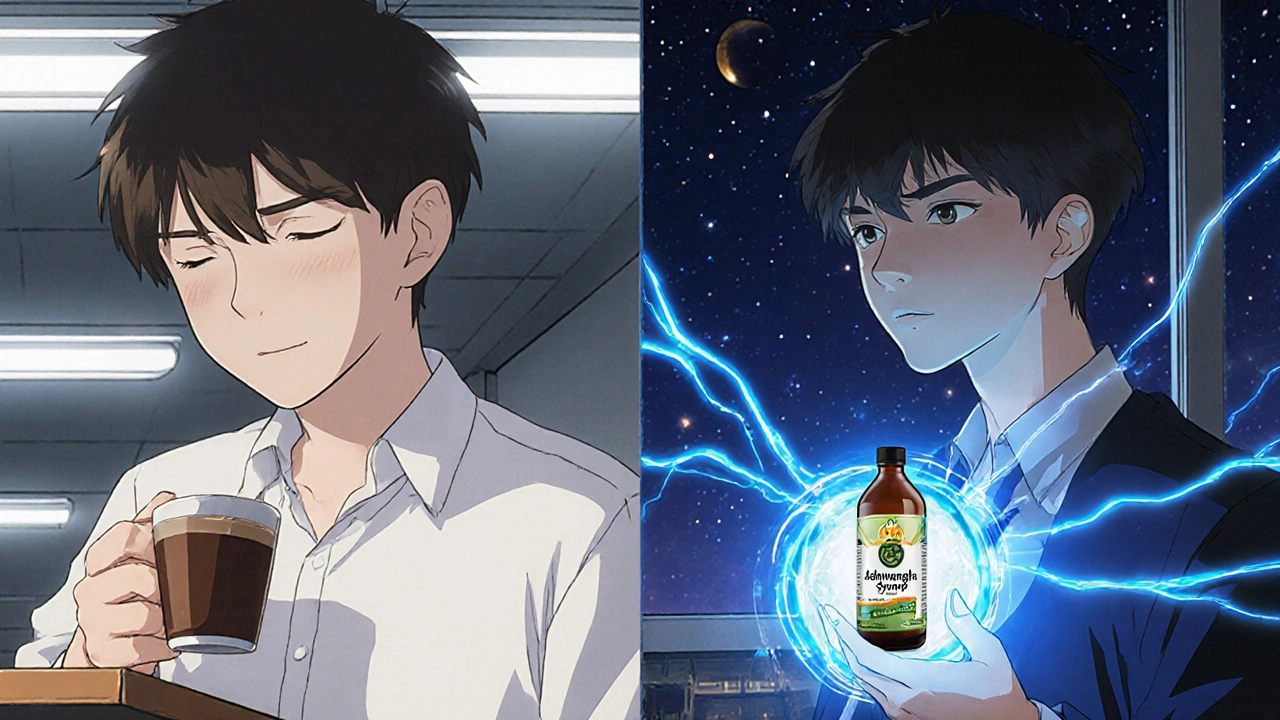 A student transformed from fatigue to focus, holding Ashwagandha Syrup with glowing energy pulses.