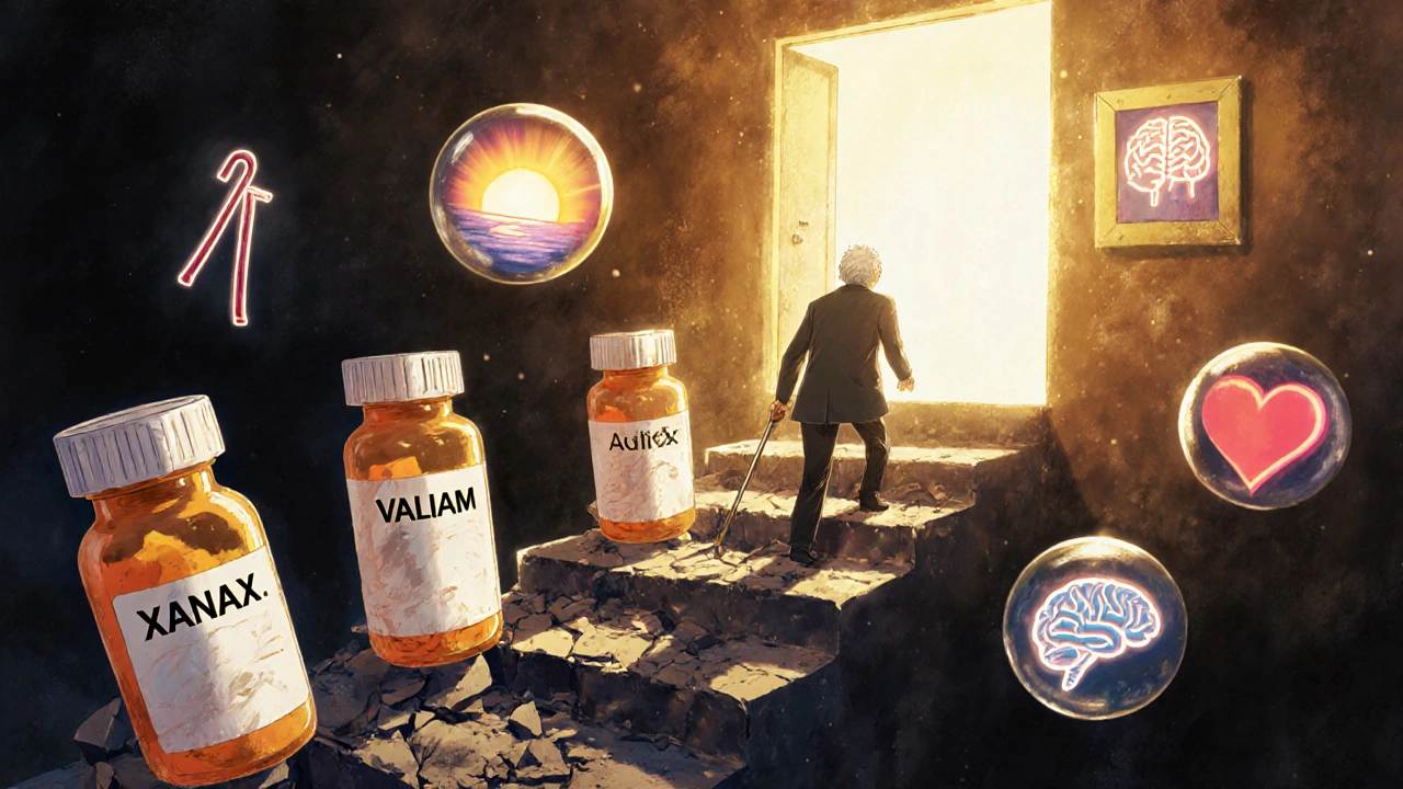 An elderly person climbing a crumbling staircase of pill bottles toward a glowing door symbolizing recovery.