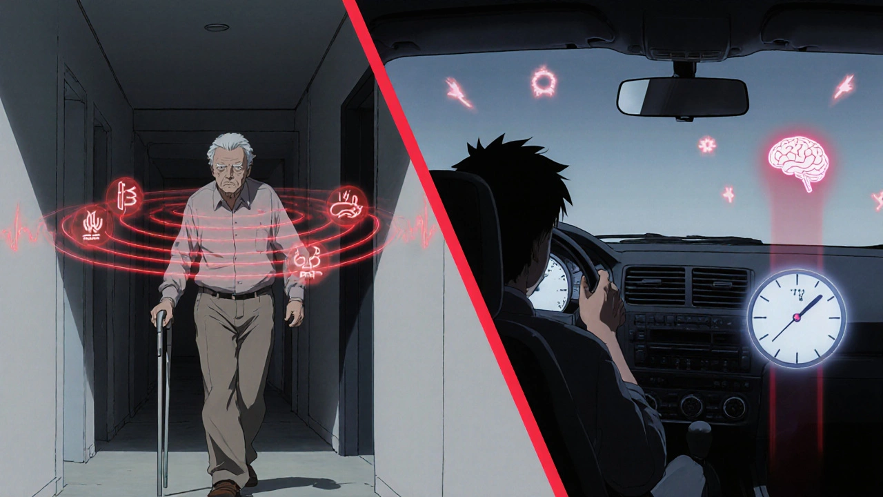 An elderly person stumbling while anticholinergic effects disrupt their balance and memory, with a driver still impaired at dawn.